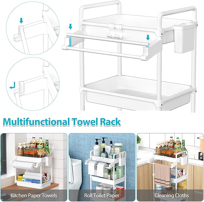 SPACEKEEPER Rolling Storage Cart, 4-Tier Bathroom Organizer Utility Cart Laundry Room Organization Mobile Shelving Unit with Towel Rack, Lockable Wheel, Hooks & Cup for Kitchen Bedroom Office, White