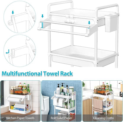 SPACEKEEPER Rolling Storage Cart, 4-Tier Bathroom Organizer Utility Cart Laundry Room Organization Mobile Shelving Unit with Towel Rack, Lockable Wheel, Hooks & Cup for Kitchen Bedroom Office, White