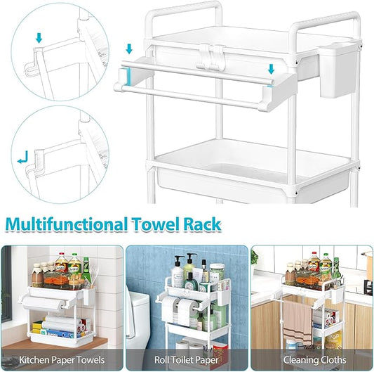 SPACEKEEPER Rolling Storage Cart, 4-Tier Bathroom Organizer Utility Cart Laundry Room Organization Mobile Shelving Unit with Towel Rack, Lockable Wheel, Hooks & Cup for Kitchen Bedroom Office, White
