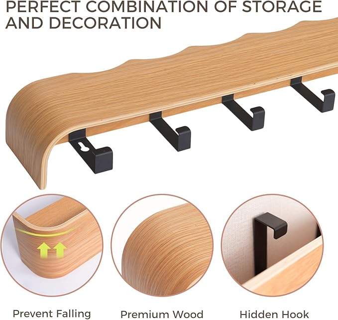Wall Coat Rack Floating Shelves Modern Coat Rack Wall Mount with Storage Entryway Shelf Wooden Hanger 20 Inch 4 Hidden Metal Hooks for Living Room Bedroom (Wavy Oak, 5 Hooks)