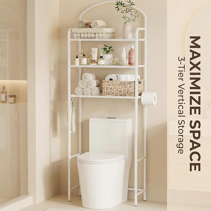 3-Tier Over The Toilet Storage, Bathroom Organizer, Space-Saving, Above Toilet Storage Rack with 4 Hooks and Paper Holder, Metal Shelf, White