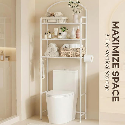 3-Tier Over The Toilet Storage, Bathroom Organizer, Space-Saving, Above Toilet Storage Rack with 4 Hooks and Paper Holder, Metal Shelf, White