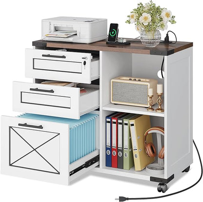 DEVAISE Wood File Cabinet with Charging Station, Mobile Lateral Filing Cabinet with Lock for Home Office, Printer Stand with Open Storage Shelves, Cottage Style White