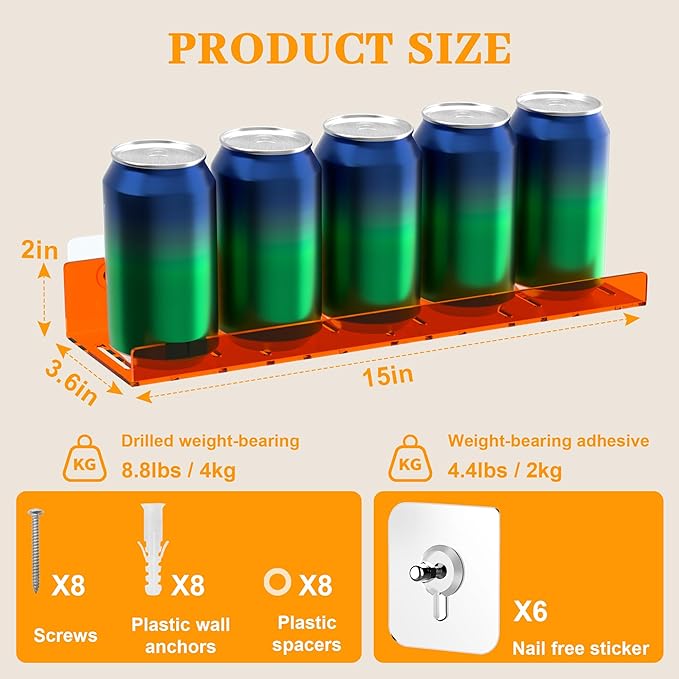 2 Pack Floating Shelves– 15'' Orange Acrylic/PET Wall-Mounted No Drill Storage with Adhesive, Bathroom & Bedroom Shelving for Kitchen, Living Room, Home Decor