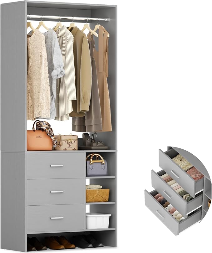 Aheaplus Closet System with 3 Drawers and Shelves, 29.6’’ Closet Organizer, 2.5FT Wood Closet Organizer System, Walk-in Closet or Small Closets Wardrobe, Clothes Rack with Hanging Rods,-E3, Grey