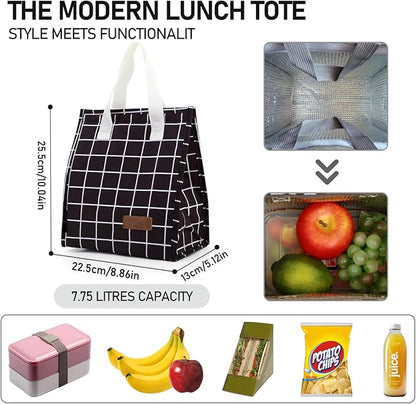 TELLUMO Lunch bag, Insulated Lunch Bag for Women Men Large Lunch Box Container Reusable Leakproof Tote for Office, Work, School, Beach or Travel (Black Grid)