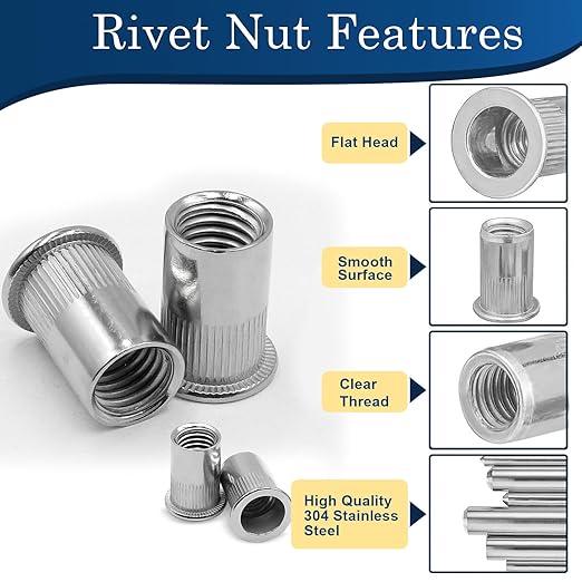 8-32 UNC Rivet Nut, 100Pcs 304 Stainless Steel Flat Head Rivnut Threaded Insert Nutsert