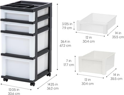 IRIS USA Plastic Drawer Storage Organizer Rolling Cart, with Wheels Casters, 4-Drawers, for Classroom Art Craft Supplies Dresser Closet Bathroom Laundry Room, Black/Pearl