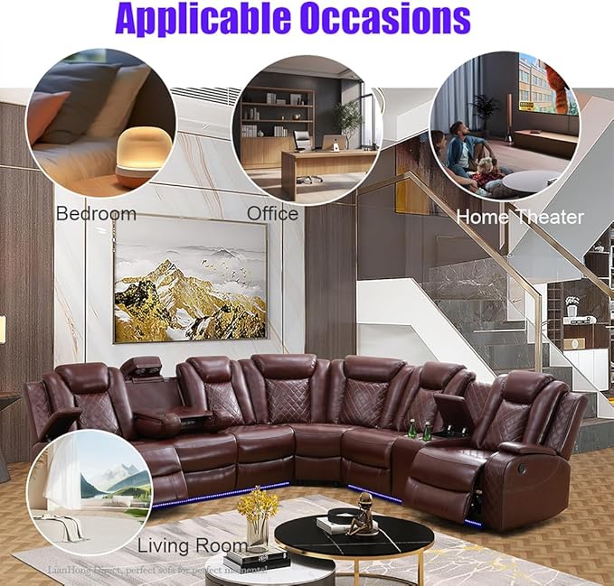 Power Recliner Sofa Set, Brown Power Reclining Sectional Sofa for Living Room, Breathing Leather Sectional Couch, Loveseat and Chair Sets with LED, USB, Cup Holders, Storage for House/Office