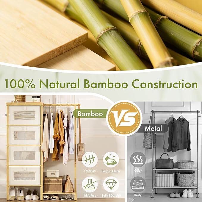 Bamboo Dresser with Hanging Rack, 4-Drawer Small Closet Organizer for Bedroom, Tall Storage Tower with Clothes Rack, Natural Wood 41.4" H x 31.3" W–Space-Saving Design, Easy Assembly