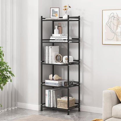 5 Tier Bathroom Storage Open Shelf Unit, Free-Standing Metal Corner Rack Shelving for Kitchen, Living Room, Hallway (Black, Wider 5 Tier)