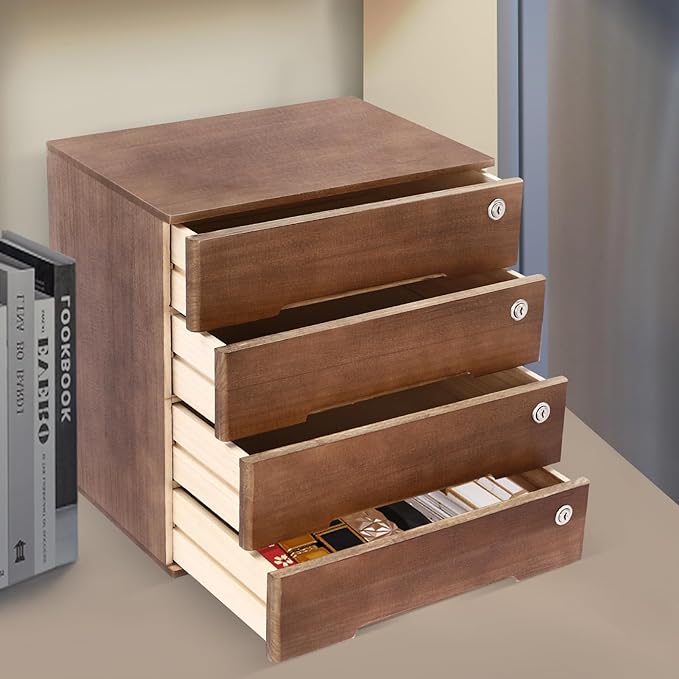 4 Drawers Wood Storage Box, Flat File Cabinet, Storage Cabinet Organizer with Lockable Drawers, Office Supplies File Organizer, Art Storage Cabinets, Multipurpose Tool Box for Home Office (Walnut)
