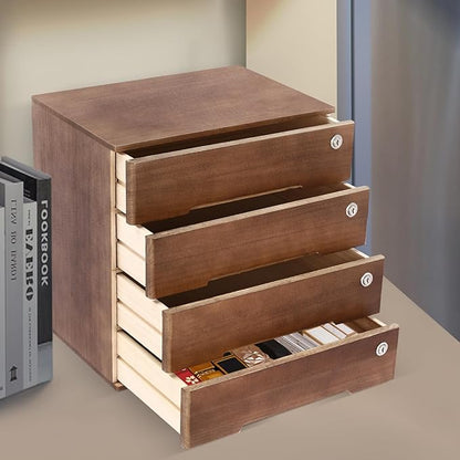 4 Drawers Wood Storage Box, Flat File Cabinet, Storage Cabinet Organizer with Lockable Drawers, Office Supplies File Organizer, Art Storage Cabinets, Multipurpose Tool Box for Home Office (Walnut)