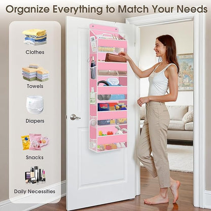5-Tier Over The Door Organizer Hanging Storage Organizers with Clear Window 40lb Large Capacity Room Organizer for Pantry Bathroom Nursery Closet(Pink)