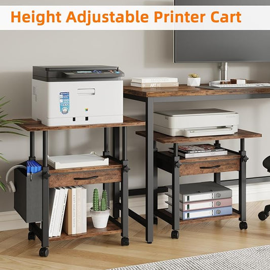 YAOHUOO Large Printer Stand with Storage Drawer and Side Bag, 3-Tier Height Adjustable Table for Home Office, Fits Heat Press/Laser/3D Printer (Rustic Brown)