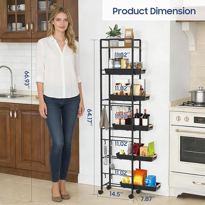 6 Tier Slim Storage Cart with Pull-Out Baskets Rolling Cart with Wheels Wood Top Narrow Utility Cart Metal Shelving Units for Pantry Laundry Room Bathroom Kitchen Black 8in(W)