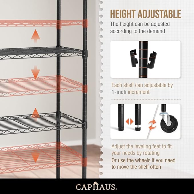 CAPHAUS NSF Commercial Grade Heavy Duty Wire Shelving w/Wheels, Leveling Feet & Liners, Storage Metal Shelf, Garage Shelving Storage, Utility Wire Rack Storage Shelves, 48 x 18 x 76 5-Tier w/Liner