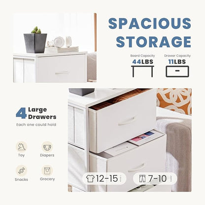 DUMOS Nightstand with 4 Drawers Bedside Table with Removable Fabric Bins Sturdy Steel Frame Wood Top Organizer Furniture for Bedroom Closet Living Room