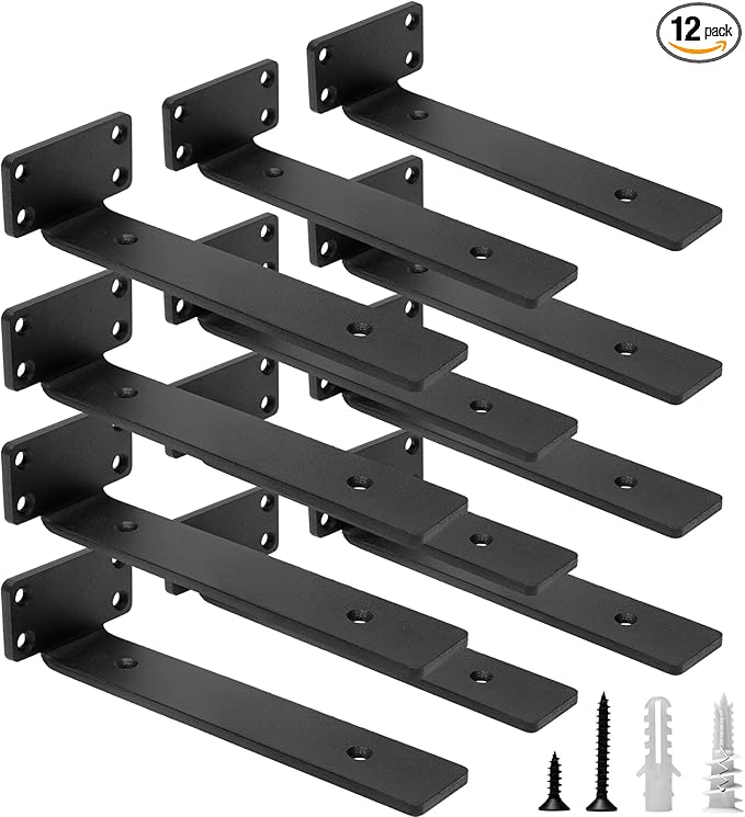 HITOMEN Heavy Duty Floating Shelf Brackets, 8-Inch (1/5'' Thick) Hidden Shelves Hardware, Iron L Brackets, Rustic Industrial Black Metal Wall Shelving Supports, 12 Pack