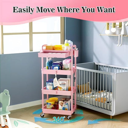 4 Tier Rolling Utility Cart with Drawer, Storage Organizer Cart with 2 Lockable Wheels, Multifunctional Rolling Storage Cart for Bathroom, Kitchen, Craft, Makeup, Baby Essentials, Pink