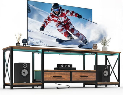 Garvee TV Stand with Fabric Drawers and Power Outlets for 75 70 65 Inch TV, TV Console Table, Entertainment Center with Open Storage Shelves for Living Room, Bedroom, Office, Rustic Brown