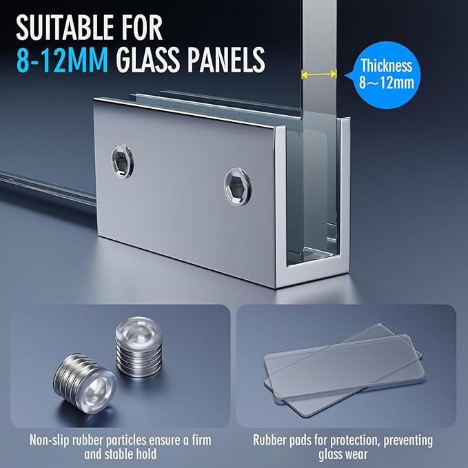 Ranbo 2 Pcs Frameless Glass Clamp Brackets for Shelf and Shower, Heavy Duty Wall Mount Rectangular Holders for 1/4" to 1/2" Panels, Polished Silver Finish Hardware