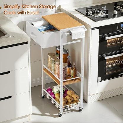 Lewondr Rolling Storage Cart with Drawers, 3-Tier Laundry Room Shelves, Sturdy Bathroom Organizer Shelf with Wood Top, Rolling Drawer Cart with Handle and Wheels for Kitchen, Office, Classroom, White