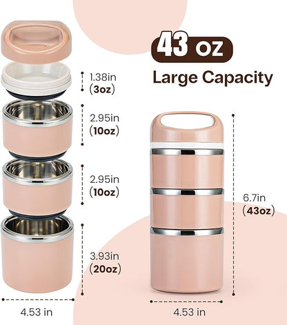 Lille Home Stackable Stainless Steel Lunch Containers, 43OZ Capacity 3 Layers Leakproof Bento Box for Adult, Portable Lunch Box for Women, Man, Travel, Office with Lunch Bag (Gold.Pro)