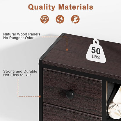 5-Tier Shoe Rack with 2 Fabric Drawers, Metal Frame and Wooden Board Shoe Organizer for 16-20 Pairs of Shoes, Shoe Shelf with Boots Storage for Entryway Closet Dark Brown