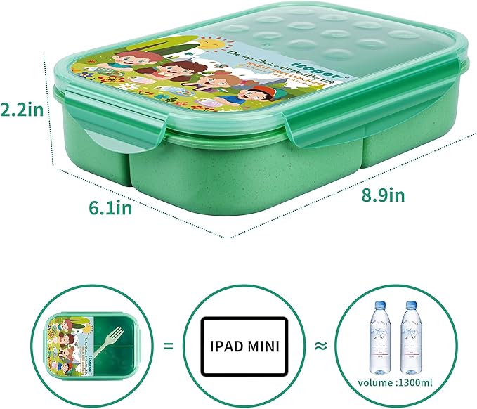 Wheat Straw Lunch Box, Leakproof 3-Compartment Bento Box for Kids & Adults, BPA-Free Lunch Containers, Microwave & Dishwasher Safe, 5.5 Cup (Green)