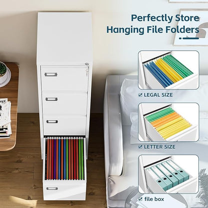 MIIIKO 4 Drawer File Cabinet, White Vertical Filing Cabinets with Lock, Home Office File Folders Storage Cabinet for Letter Legal A4 File Size