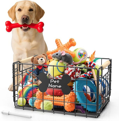 Dog Toy Basket, Chew-Proof Metal Dog Toy Bin with Handles, Pet Stuff Storage Organizer Box for Dogs with Marker Pen, Portable & Foldable Puppy Toys Basket for Living Room, 15''×10.63''×8.27''