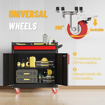 Rolling Garage Cabinets, Garage Storage Cabinet with Wheels and Workbench, Metal Cabinet with Doors and Shelf, Lockable Metal Storage Cabinets, for Home,Garages, Repair Stores, Warehouses