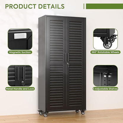 SUXXAN Garage Storage Cabinet with Wheels Pegboard and 5 Adjustable Shelves, 71"x 31.5"x15.8" Metal Lockable Cabinet with Louvered Doors, Tool Storage, Home Office Garage, Gym, School (Black)