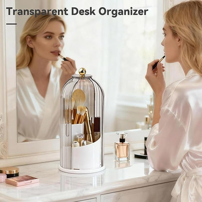 360° Rotating Makeup Brush Holder with Lid, Waterproof Three-Compartment Makeup Organizer, 180° Side-Pull Door Desk Organizer, Dustproof Brush Holder for Vanity and Bathroom (Grey)