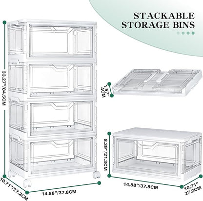 Clear Storage Bins with Lids - 4 Tier Plastic Bins with Wheels, Stackable Storage Bin, Closet Organizers Box for Bedroom, Living Room, 23 QT Folding Box with Magnetic door