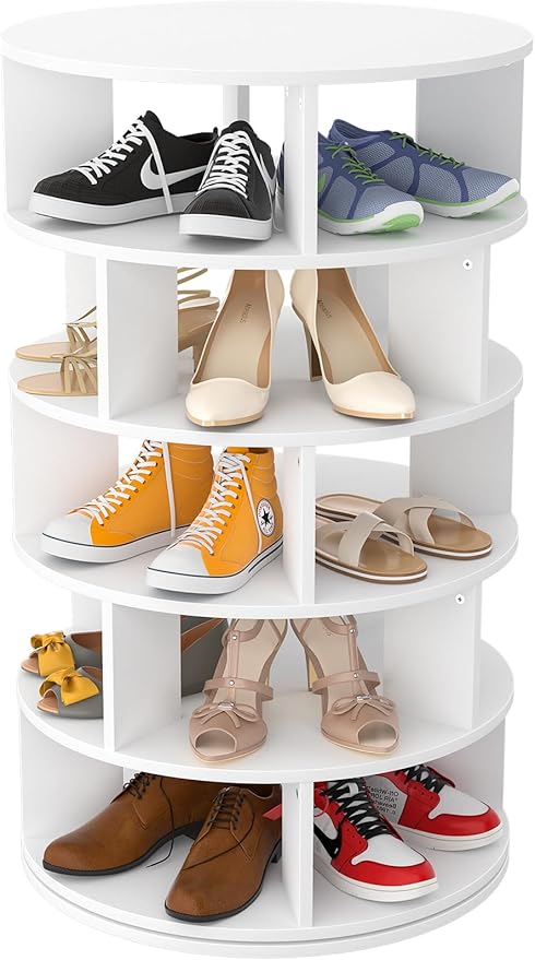 Aheaplus Rotating Shoe Rack, 5-Tier Wood Shoe Organizer for Closet, 360° Spinning Shoe Rack Tower Space-Saving Shoe Storage Shelf for Entryway, Garage, Bedroom, White
