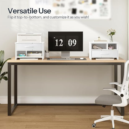 HOOBRO Desktop Printer Stand, Printer Stand Shelf Organizer with Drawer, Wooden Under Desk Printer Table, Storage Shelf, for Home Office White WT08PS01