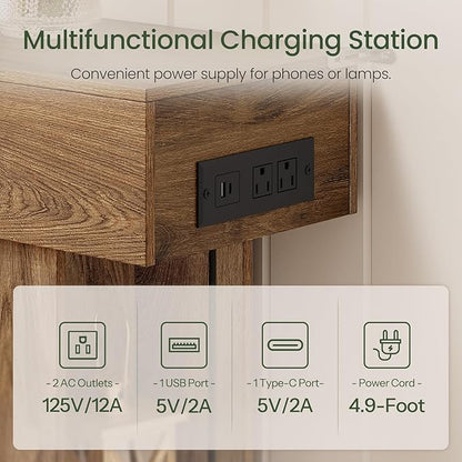 63" Long Console Table, Narrow Entryway Table with Charging Station and LED Lights, 2-Tier Farmhouse Behind Couch Table with Storage, for Entryway, Light Walnut and Black MXG04UJS