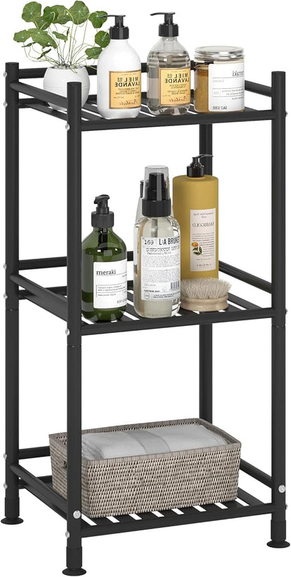 3 Tier Bathroom Storage Open Shelf Unit, Free-Standing Metal Corner Rack Shelving for Kitchen, Living Room, Hallway (Matte Black, 3 Tier)