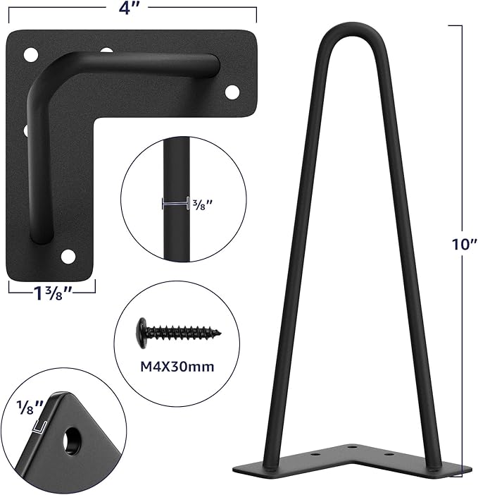 SMARTSTANDARD 10 Inch Heavy Duty Hairpin Furniture Legs, Metal Home DIY Projects for TV Stand, Sofa, Dresser with Rubber Floor Protectors Black 4PCS