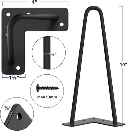 SMARTSTANDARD 10 Inch Heavy Duty Hairpin Furniture Legs, Metal Home DIY Projects for TV Stand, Sofa, Dresser with Rubber Floor Protectors Black 4PCS