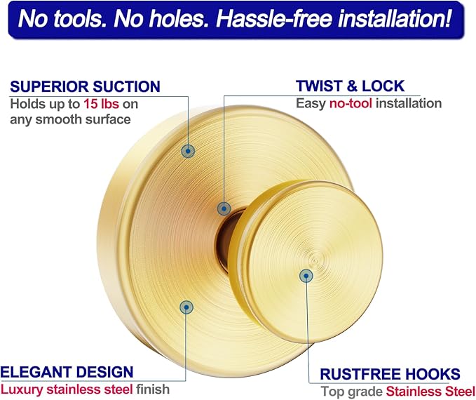Suction Cup Hooks for Shower, Removable Towel Hooks for Bathroom Window Glass Door Wall, Bath Robe Looafh Hook for Hanging - 4 Pack, Gold