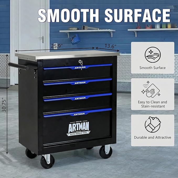 4-Drawer Rolling Tool Chest with Stainless Steel Countertop,Tool Chest with Secure Locking System,Mobile Storage Tool Cabinet with 360°Wheels and Padded Feet,for Home, Garage (Black+Blue)
