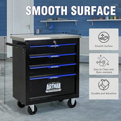4-Drawer Rolling Tool Chest with Stainless Steel Countertop,Tool Chest with Secure Locking System,Mobile Storage Tool Cabinet with 360°Wheels and Padded Feet,for Home, Garage (Black+Blue)