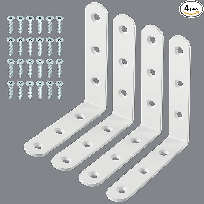 Alise 4 PCS L Brackets Heavy Duty Corner Bracket, 3.2 X3.2 Inch White Floating Shelf Brackets for Shelves, Stainless Steel L Shape Wall Mounting Brackets, Metal L Joint Angle Bracket for Wood Shelving