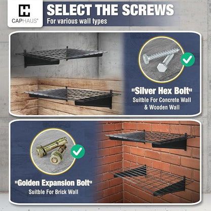 Fencer Wall Mounted Garage Shelving - 72" W x 18" D, 4 Hooks, Black, Heavy Duty, 1000lb Capacity