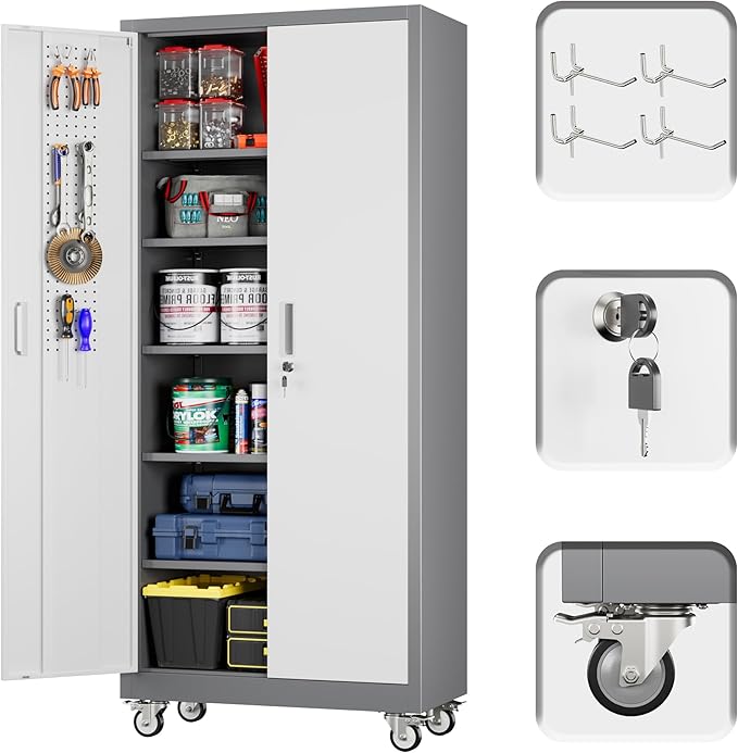 Garage Storage Cabinet with 5 Adjustable Shelves, 71" Metal Storage Cabinet with Wheels and Pegboard Doors for Garage, Home, Utility Room, White and Gray, Assembly Required