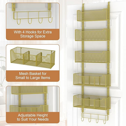 Over The Door Organizer, Metal Door Organizer Hanging with 5 Adjustable Baskets and Coat Hook, Behind The Door Storage for Bedroom Closet Bathroom Pantry Cabinet Kitchen, Gold
