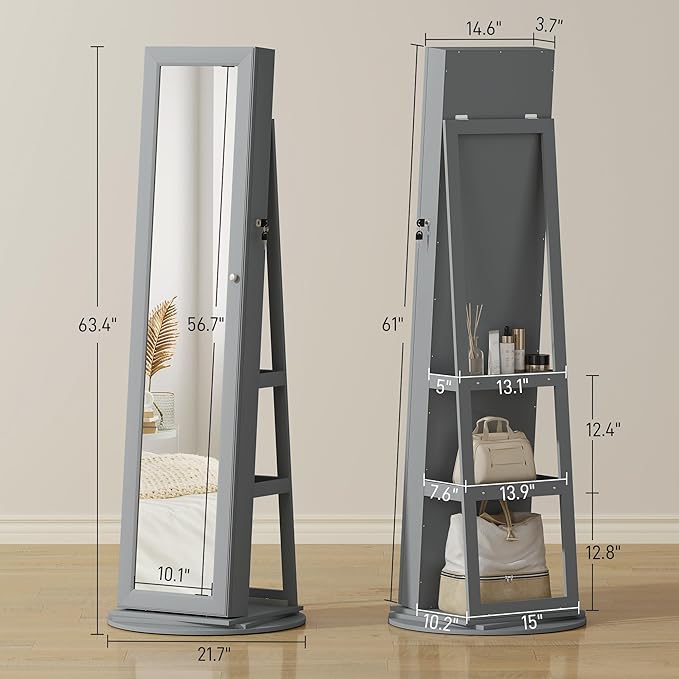 HOMCOM 360° Swivel Jewelry Cabinet, Lockable Jewelry Armoire Organizer with Full-Length Mirror, Back Storage Shelves, Interior Small Mirror, for Bedroom Living Room, Gray
